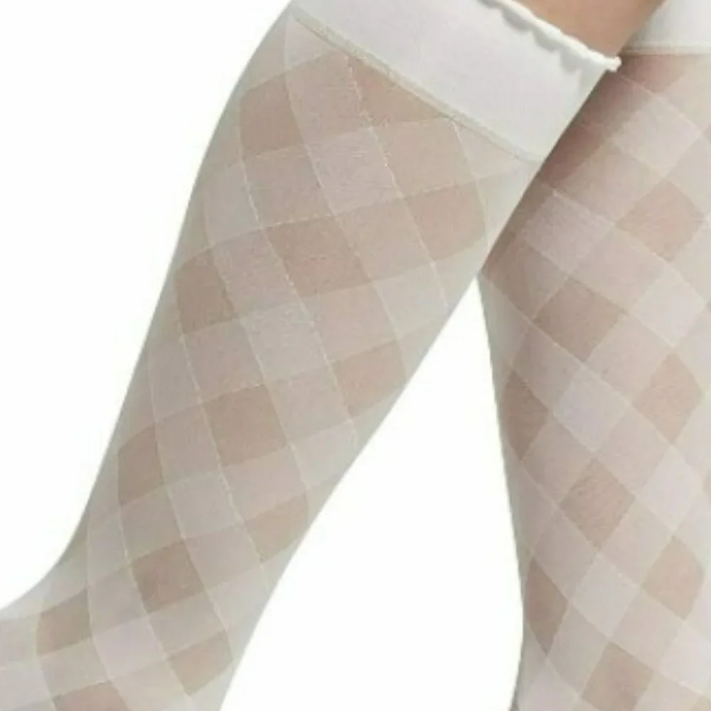 HUE Diagonal Gingham Sheer Fashion Knee Hi Socks One Size White - Picture 4 of 5